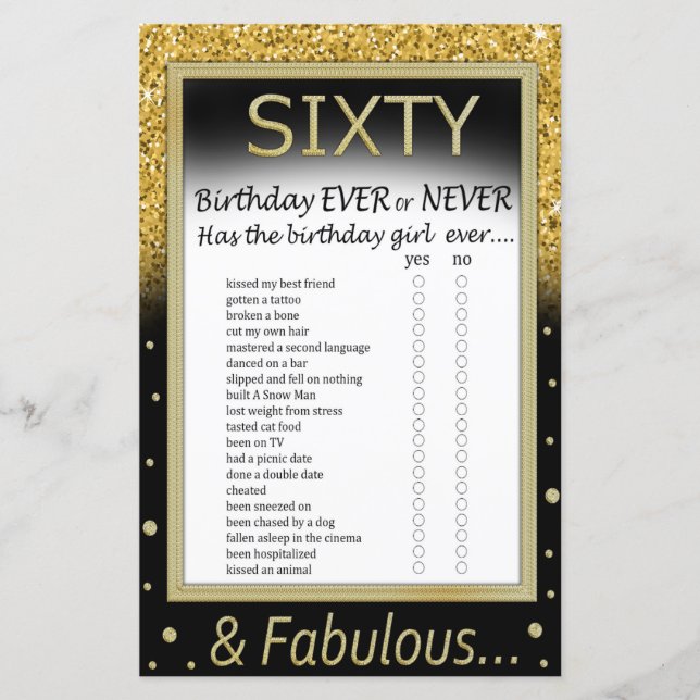 Sixty Birthday Ever or Never Game (Front)