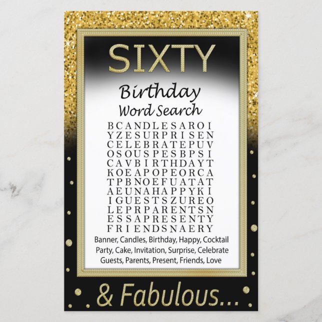 Sixty Birthday Word Search Game (Front)
