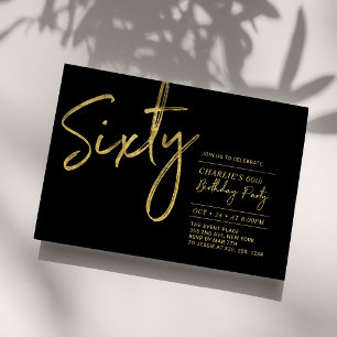 Sixty   Black & Gold Modern 60th Birthday Party Invitation