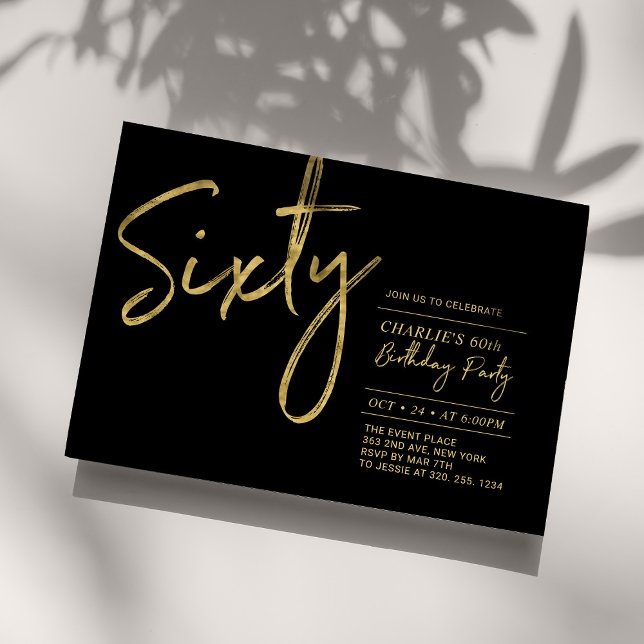 Sixty | Black & Gold Modern 60th Birthday Party Invitation (Creator Uploaded)