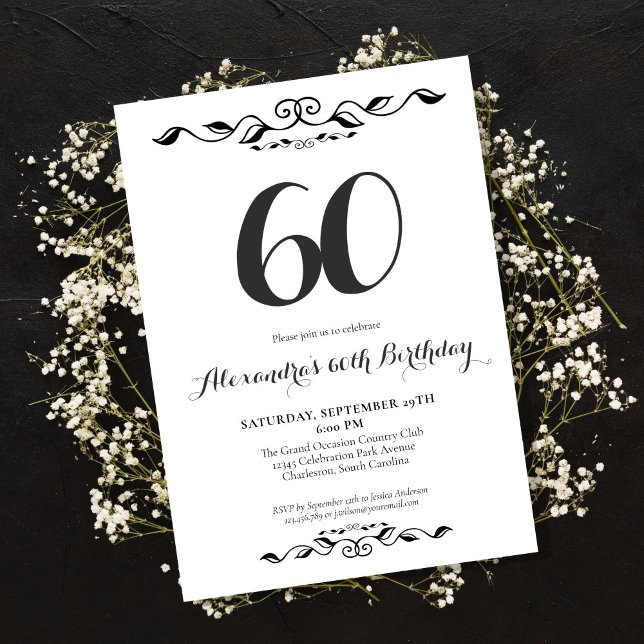 Sixty Elegant Black & White 60th Birthday Party Invitation (Creator Uploaded)