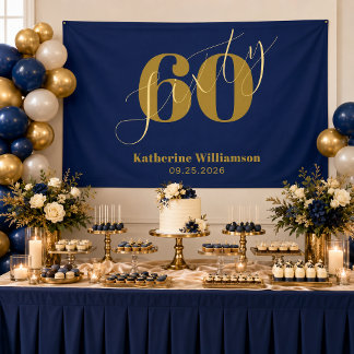 Sixty Elegant Blue & Gold 60th Birthday Banner
