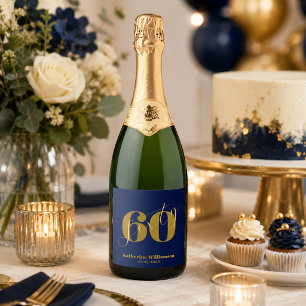 Sixty Elegant Blue & Gold 60th Birthday Sparkling Wine Label