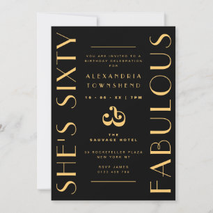 Sixty & Fabulous Black Gold Art Deco 60th Birthday Invitation