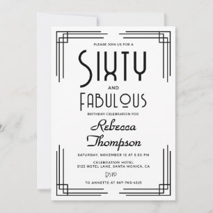 Sixty Fabulous Black White Art Deco 60th Birthday Invitation