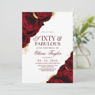 Sixty & Fabulous Burgundy Gold Roses Birthday  Invitation