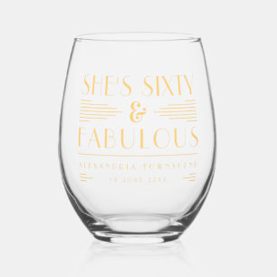 Sixty & Fabulous Chic Art Deco Gold 60th Birthday Stemless Wine Glass