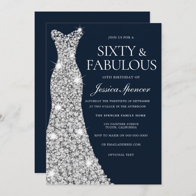 Sixty & Fabulous Silver Diamond Gown 60th Birthday Invitation (Front/Back)