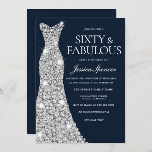 Sixty & Fabulous Silver Diamond Gown 60th Birthday Invitation