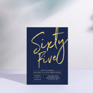 Sixty Five   Gold & Navy Blue 65th Birthday Party Invitation