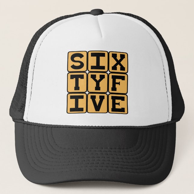 Sixty Five, Number 65, Retirement Age Trucker Hat (Front)