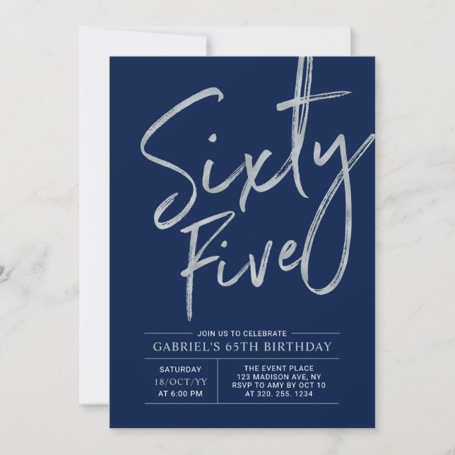Sixty Five | Silver Navy Blue 65th Birthday Party Invitation (Front)