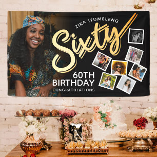 Sixty gold 60th Birthday photos on black Banner