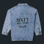 SIXTY HELL YEAH! Personalised Funny 60th Birthday  Denim Jacket<br><div class="desc">Celebrate sixty in fearless fashion with this bold “SIXTY HELL YEAH!” custom denim jacket. Featuring striking black text and a personalised name in elegant script, this jacket brings equal parts sass and style to milestone birthdays. Perfect for photo ops, parties, or just owning your moment—this is the go-to birthday gift...</div>