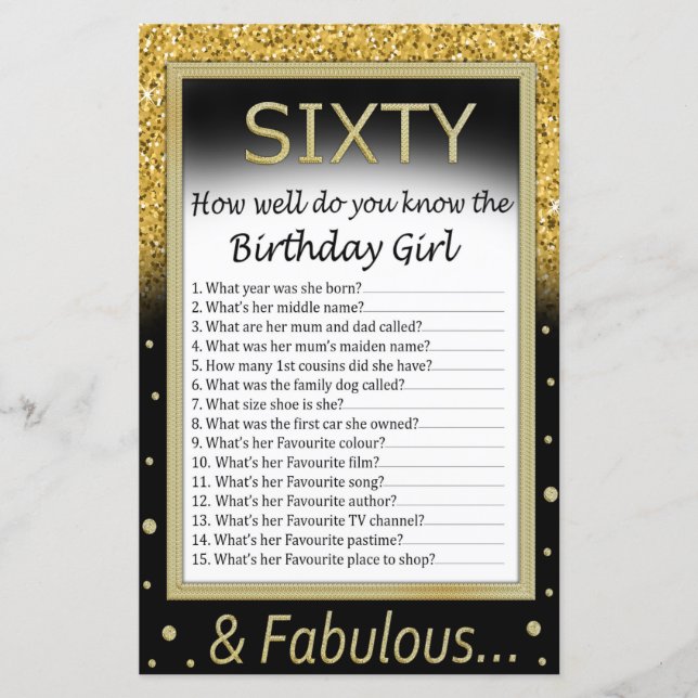 Sixty How well do you know the birthday girl (Front)