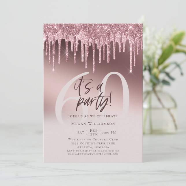 Sixty It's a Party Pink Glitter 60th Birthday Invitation (Standing Front)