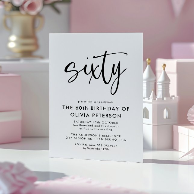 Sixty | Modern 60th Black & White Birthday Party Magnetic Invitation (Creator Uploaded)