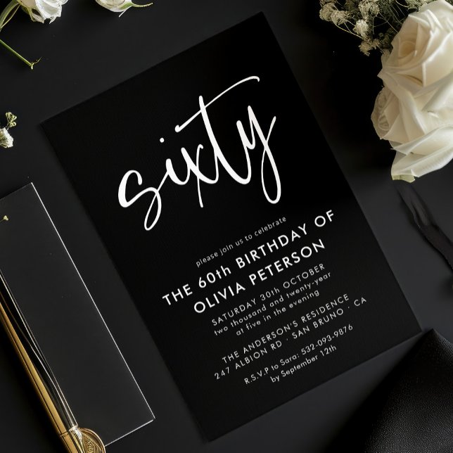 Sixty | Modern 60th White on Black Birthday Party Invitation (Creator Uploaded)