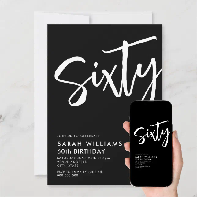 Sixty Modern Black and White 60th Birthday Invitation Zazzle