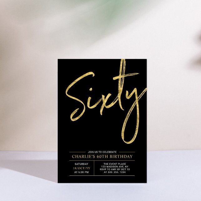 Sixty | Modern Gold & Black 60th Birthday Party Invitation (Creator Uploaded)