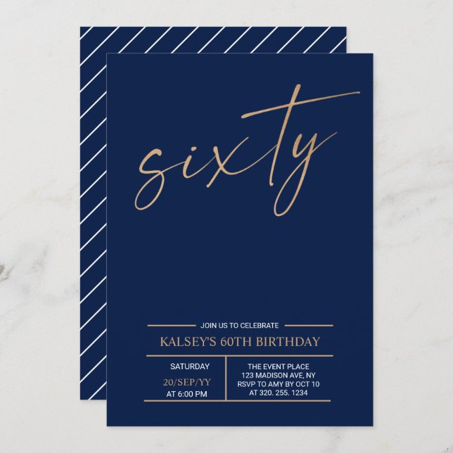 Sixty | Modern Gold & Blue 60th Birthday Party Invitation (Front/Back)