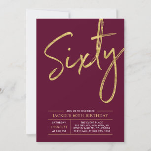 Sixty   Modern Gold & Burgundy 60th Birthday Party Invitation