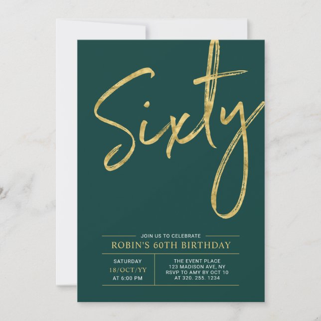 Sixty | Modern Gold & Green 60th Birthday Party Invitation (Front)
