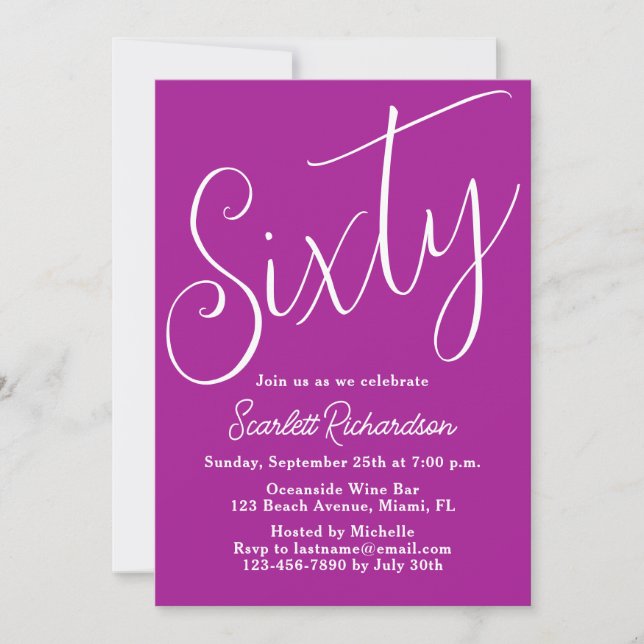 Sixty Modern Script Dark Pink 60th Birthday Party Invitation (Front)