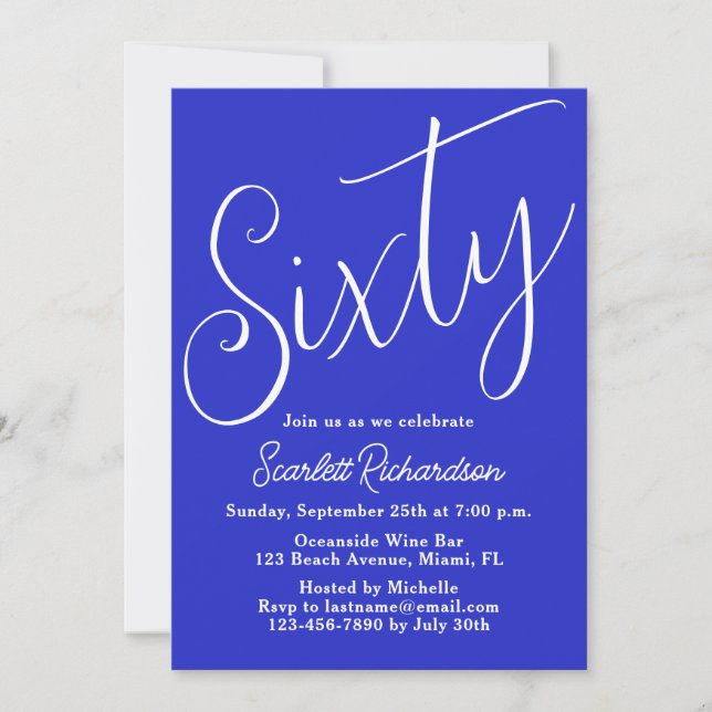 Sixty Modern Script Royal Blue 60th Birthday Party Invitation (Front)