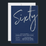 Sixty | Modern Silver Brush 60th Birthday Party Invitation<br><div class="desc">Celebrate your special day with this simple stylish 60th birthday party invitation. This design features a brush script "Sixty" with a clean layout on a navy blue background. You can customise the text and background colour. More designs and party supplies are available at my shop BaraBomDesign.</div>