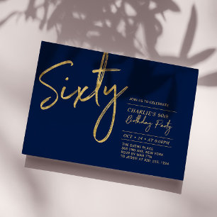 Sixty   Navy & Gold Modern 60th Birthday Party Invitation
