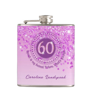 Sixty & Pink Glitter & Drinking Quote Hip Flask