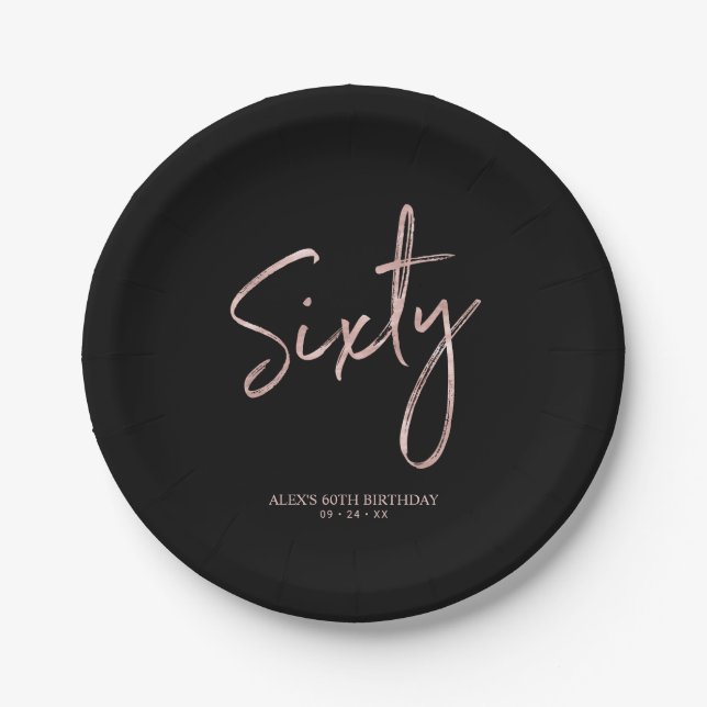 Sixty Rose Gold & Black 60th birthday Party Paper Plate (Front)