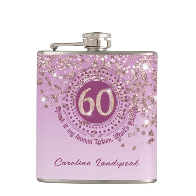Sixty & Rose Gold Glitter & Drinking Quote Hip Flask (Front)