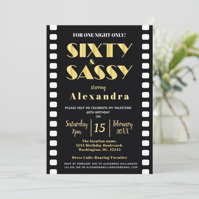  Sixty & Sassy Black Gold Roaring Twenties 60th Invitation (Standing Front)