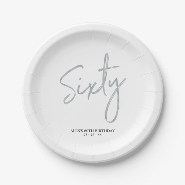 Sixty Silver Modern Lettering 60th birthday Party Paper Plate (Front)