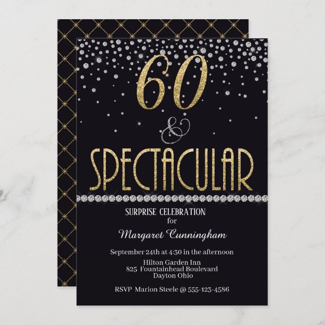 Sixty & Spectacular Gold Silver Diamonds Surprise Invitation (Front/Back)
