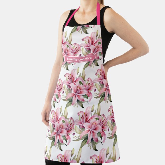 Size Large Girly Pink Stargazer Lily Floral  Apron (Insitu)