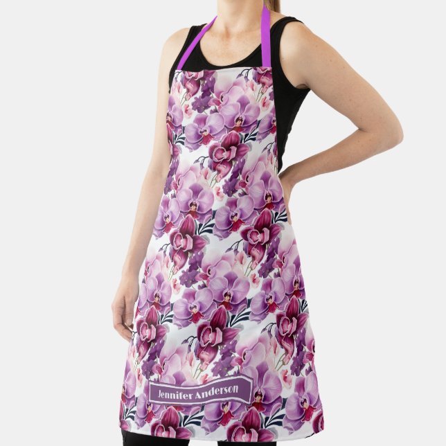 Size Large Girly Purple Orchid Floral  Apron (Insitu)