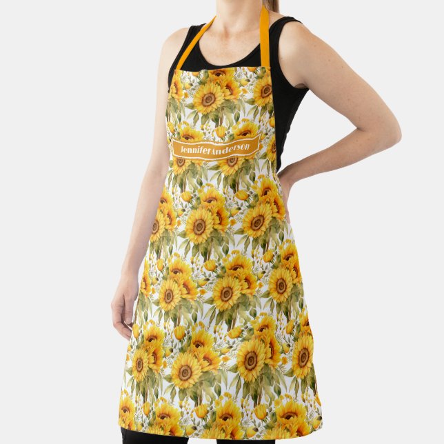 Size Large Girly Sunflowers Floral  Apron (Insitu)