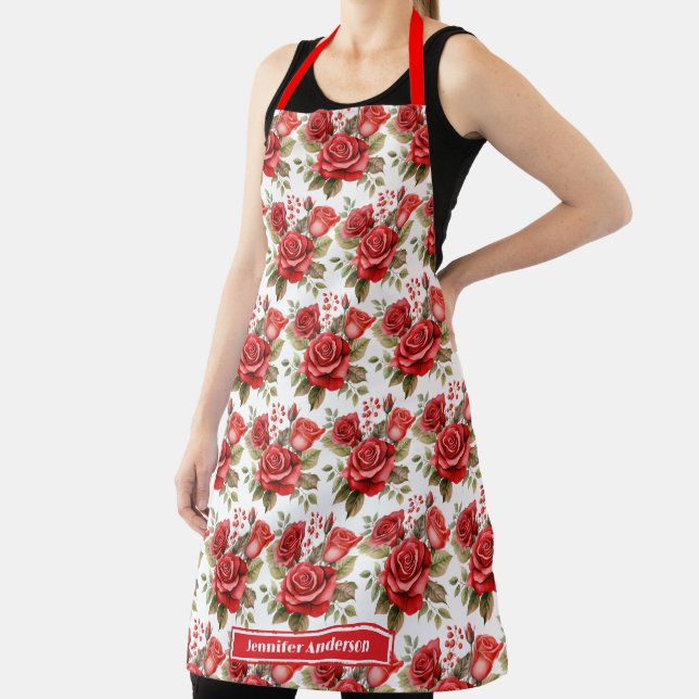 Size Large Red Roses Elegant Floral  Apron (Insitu)