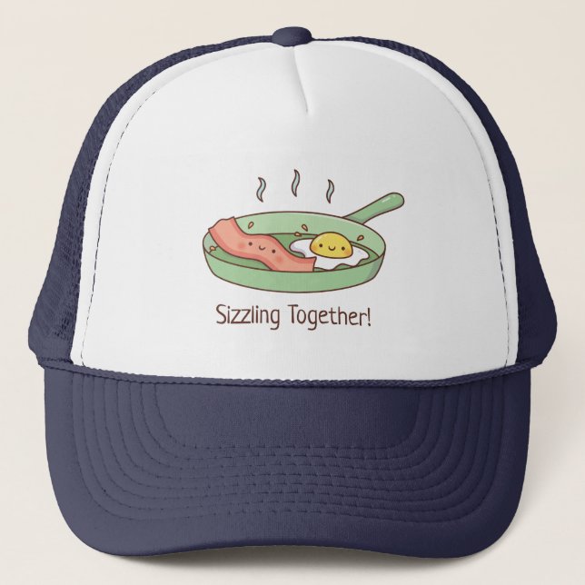 Sizzling Together, Fried Egg and Bacon Pun Trucker Hat (Front)