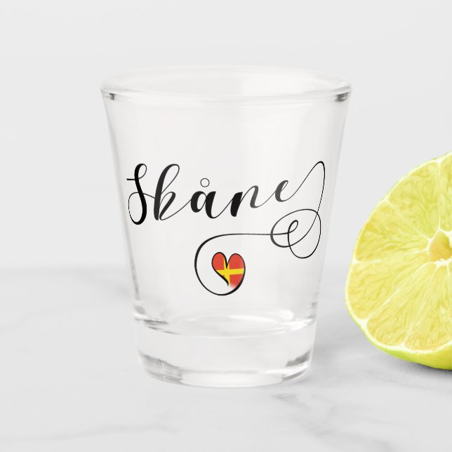 Skåne Flag Heart, Sweden, Scania Shot Glass (Front)