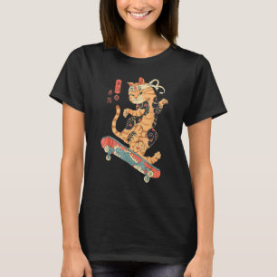 Skatana Skateboarding Tattooed Cat Ukiyo E Japanes T-Shirt