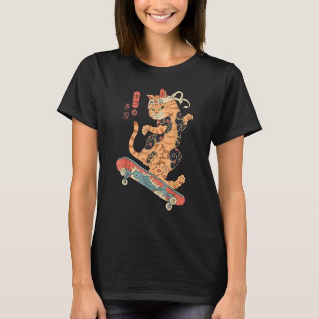 Skatana Skateboarding Tattooed Cat Ukiyo E Japanes T-Shirt (Front)