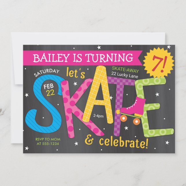 Skate Birthday Girl Skating Party Chalkboard Invitation (Front)