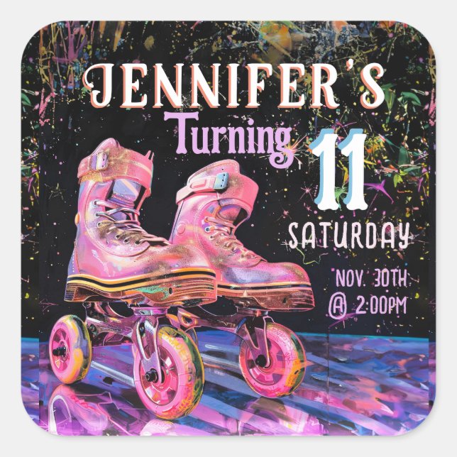 Skate Birthday Party Invitation Square Sticker (Front)