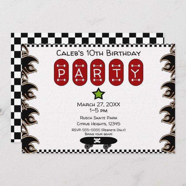 Skate Boarder Flames Skateboard Birthday Party Invitation (Front/Back)