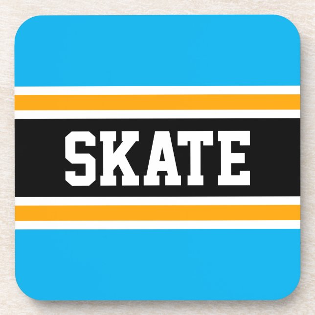 SKATE Bright Sky Blue Yellow Black Hockey Stripes Coaster (Front)