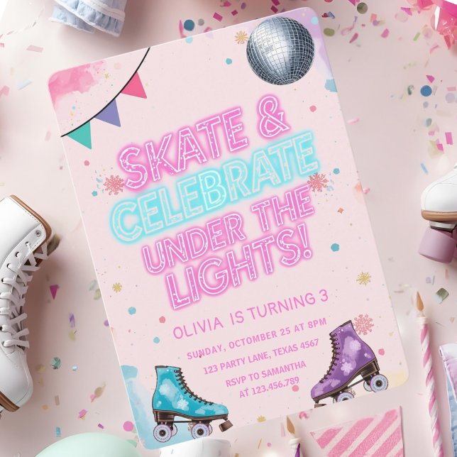 Skate & Celebrate Under the Lights Neon  Invitation (Creator Uploaded)